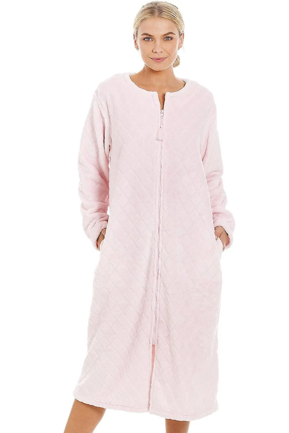 Bata de casa con estampado de diamantes con cremallera rosa claro supersuave para mujer Camille