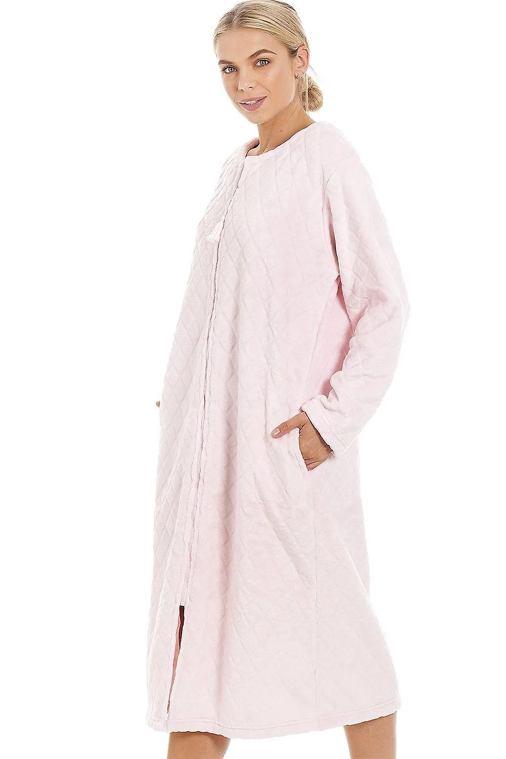 Bata de casa con estampado de diamantes con cremallera rosa claro supersuave para mujer Camille