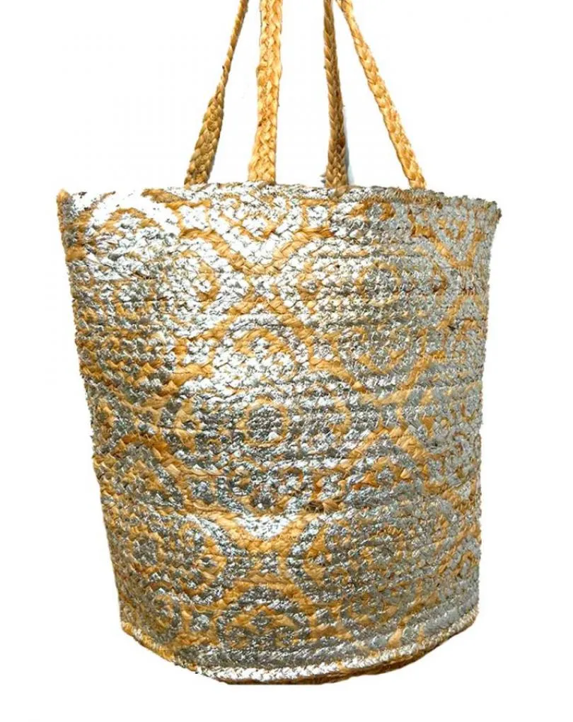 BOLSO CAPAZO GRANDE DE RAFIA PLATEADO CON ESTAMPADO MANDALA PARA VERANO