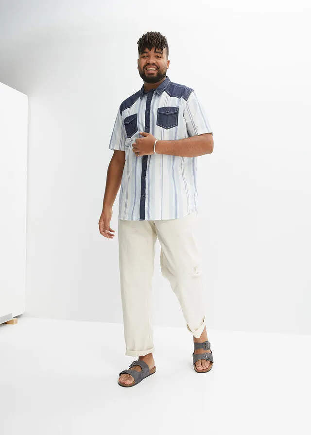 Camisa de manga corta con ribete vaquero Blanco lana de rayas verticales