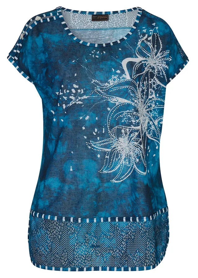 CAMISETA CON EFECTO BATIK Y PEDRERíA TURQUESABLANCO LANA ESTAMPADO