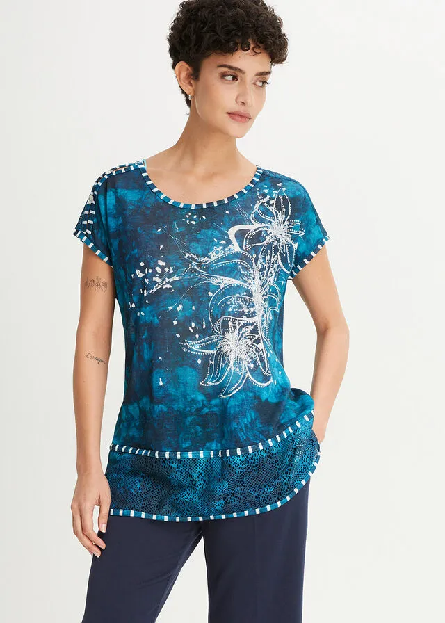 CAMISETA CON EFECTO BATIK Y PEDRERíA TURQUESABLANCO LANA ESTAMPADO