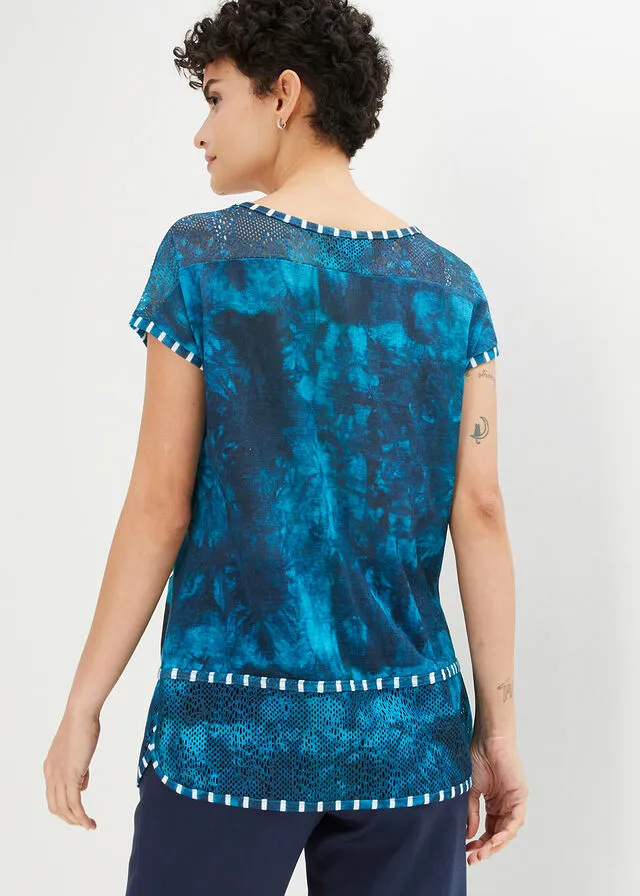 CAMISETA CON EFECTO BATIK Y PEDRERíA TURQUESABLANCO LANA ESTAMPADO