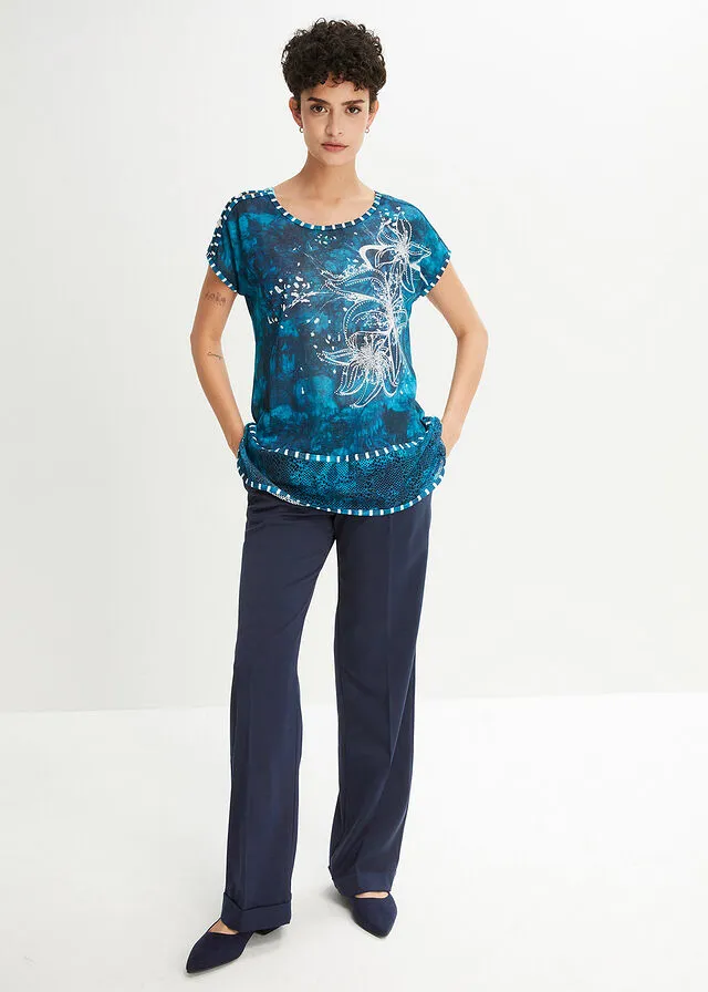CAMISETA CON EFECTO BATIK Y PEDRERíA TURQUESABLANCO LANA ESTAMPADO