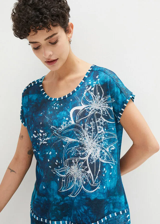 CAMISETA CON EFECTO BATIK Y PEDRERíA TURQUESABLANCO LANA ESTAMPADO