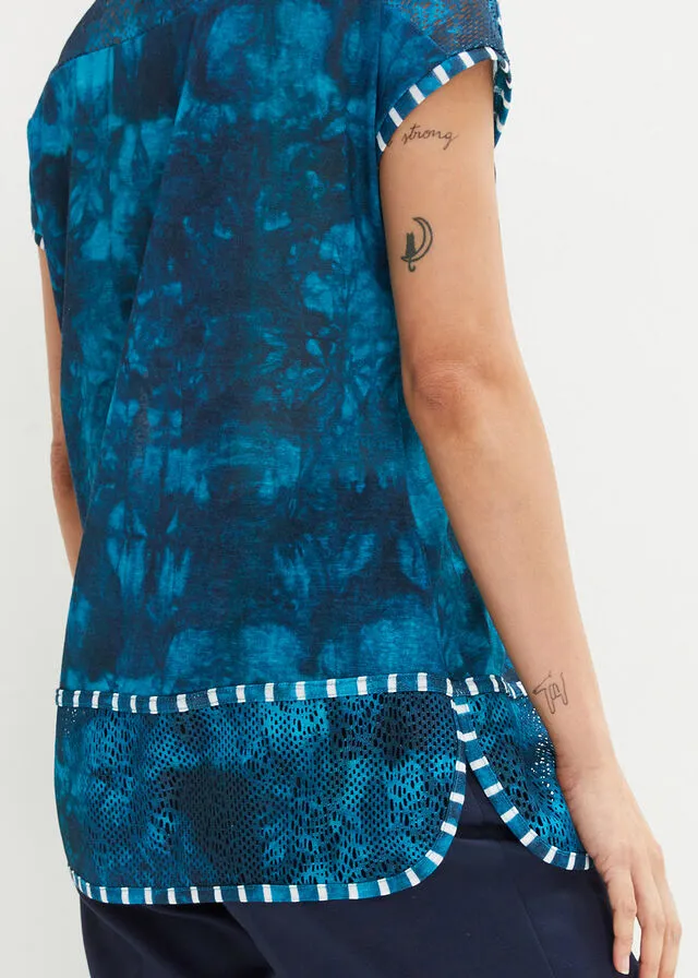 CAMISETA CON EFECTO BATIK Y PEDRERíA TURQUESABLANCO LANA ESTAMPADO