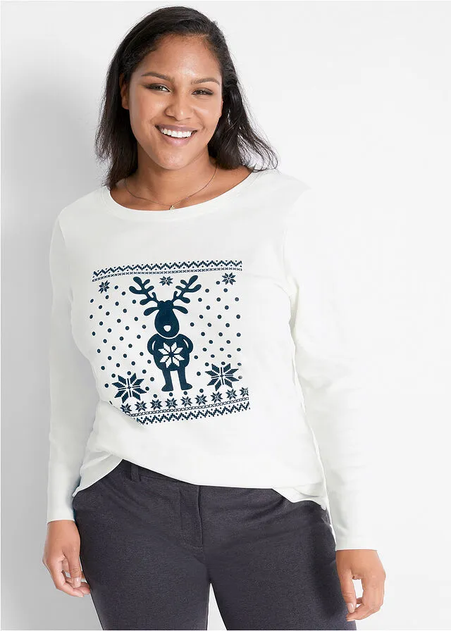 CAMISETA DE ALGODóN DE MANGA LARGA CON MOTIVO NAVIDEñO BLANCO LANAAZUL OSCURO