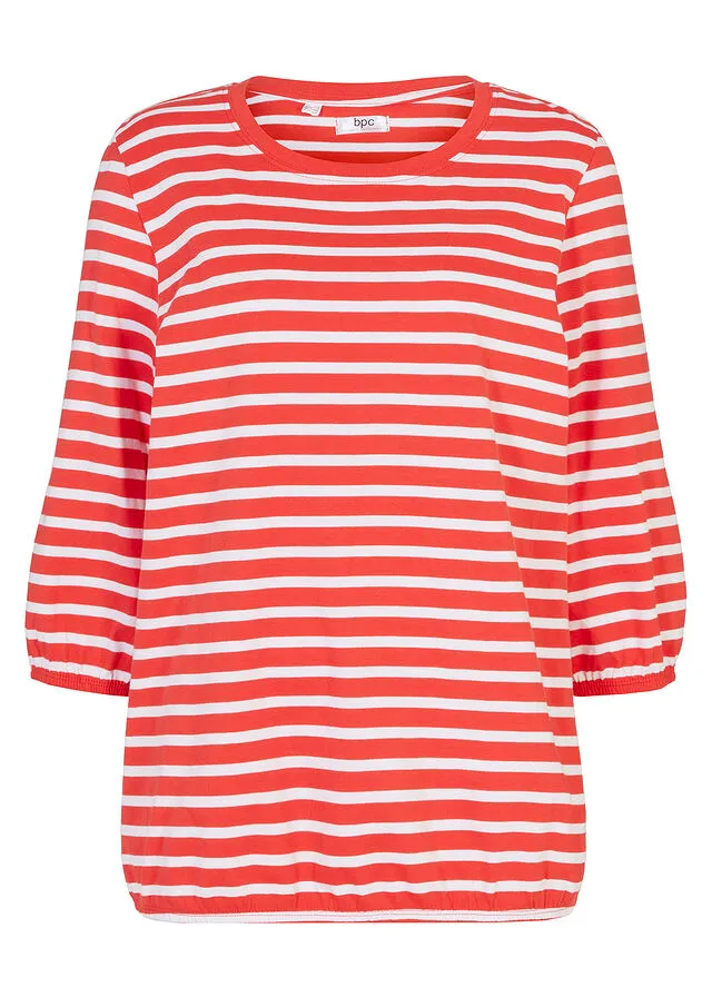 Camiseta de algodón orgánico de rayas con mangas 3/4 Fresa/blanco de rayas