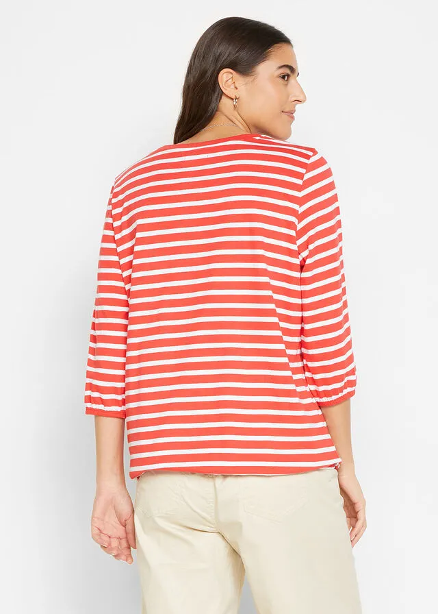 Camiseta de algodón orgánico de rayas con mangas 3/4 Fresa/blanco de rayas