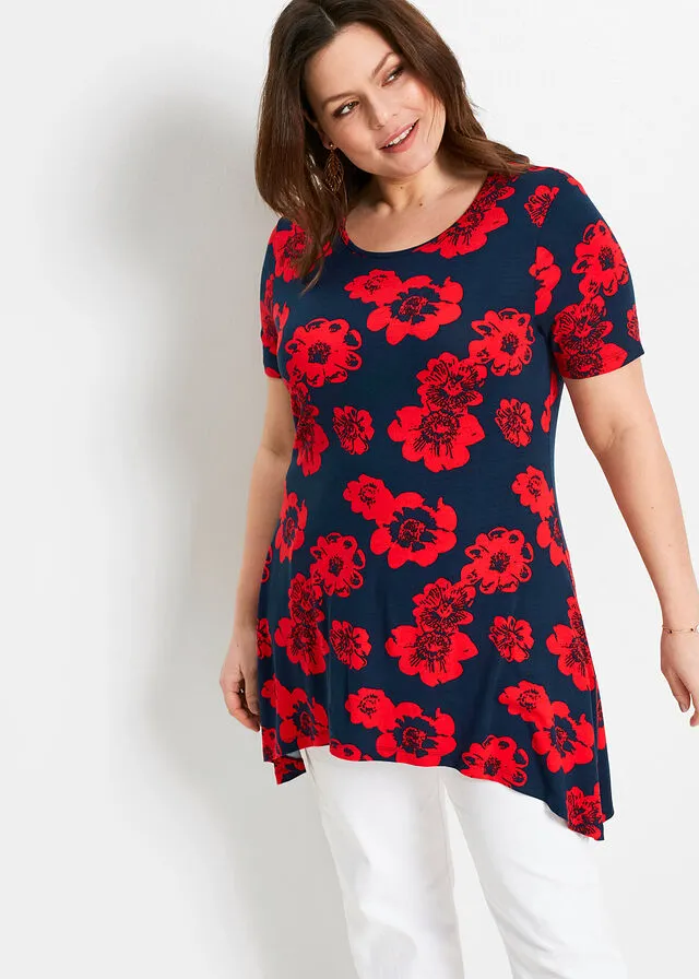 Camiseta larga con borde irregular Azul marino / fresa con flores