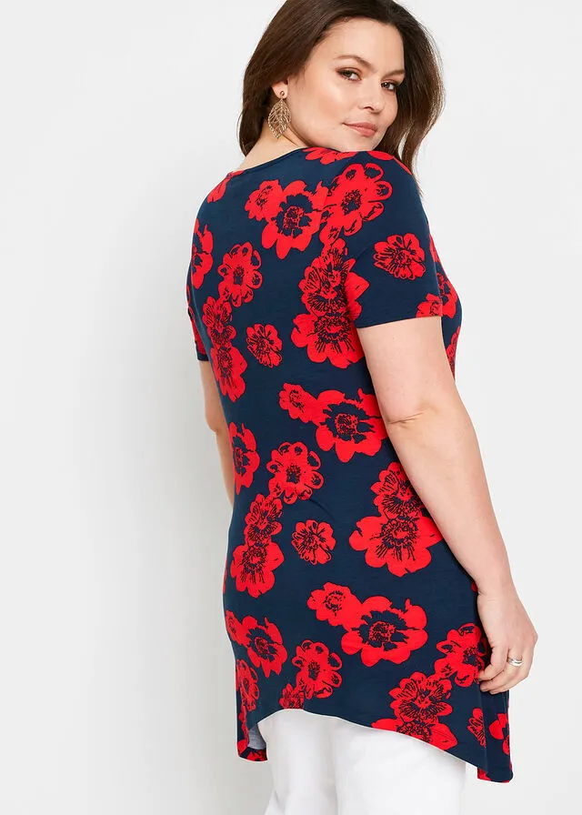Camiseta larga con borde irregular Azul marino / fresa con flores