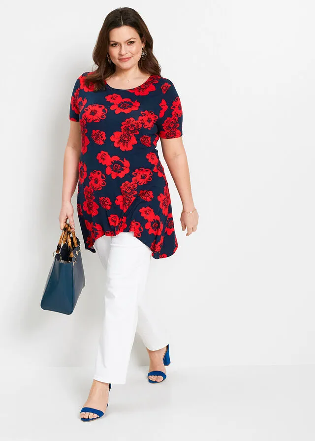 Camiseta larga con borde irregular Azul marino / fresa con flores