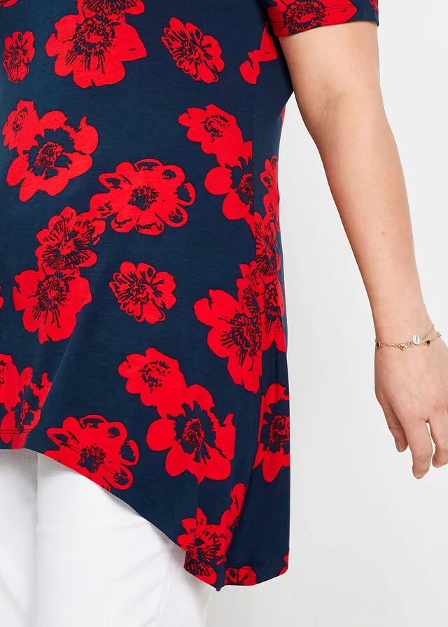 Camiseta larga con borde irregular Azul marino / fresa con flores