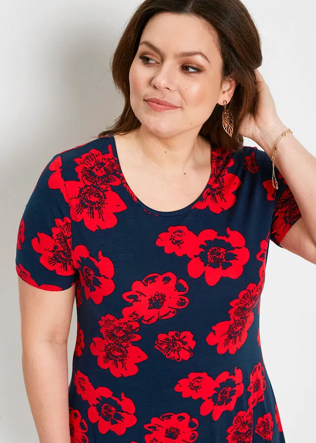 Camiseta larga con borde irregular Azul marino / fresa con flores