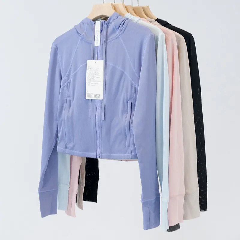 LLL037 Mujeres Stretch chaqueta corta con capucha gimnasia gimnasia de gabardina larga atuendo de cintura atuendo deportivo para
