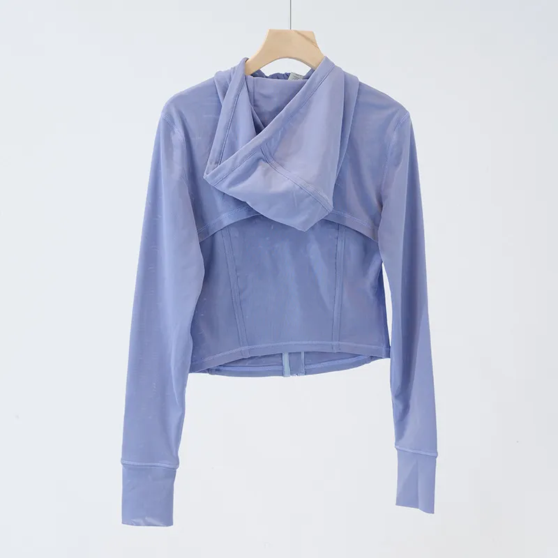 LLL037 Mujeres Stretch chaqueta corta con capucha gimnasia gimnasia de gabardina larga atuendo de cintura atuendo deportivo para