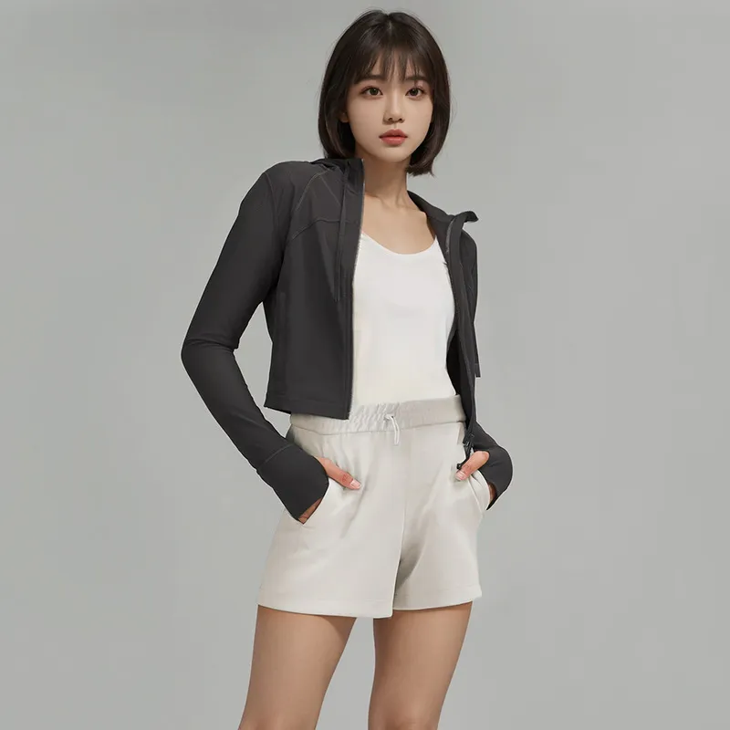 LLL037 Mujeres Stretch chaqueta corta con capucha gimnasia gimnasia de gabardina larga atuendo de cintura atuendo deportivo para