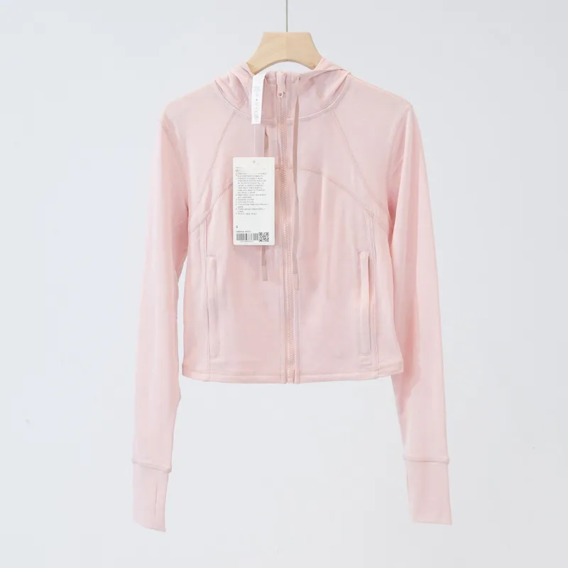 LLL037 Mujeres Stretch chaqueta corta con capucha gimnasia gimnasia de gabardina larga atuendo de cintura atuendo deportivo para