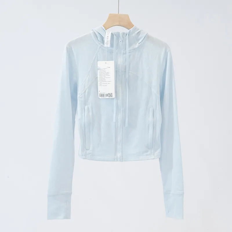 LLL037 Mujeres Stretch chaqueta corta con capucha gimnasia gimnasia de gabardina larga atuendo de cintura atuendo deportivo para