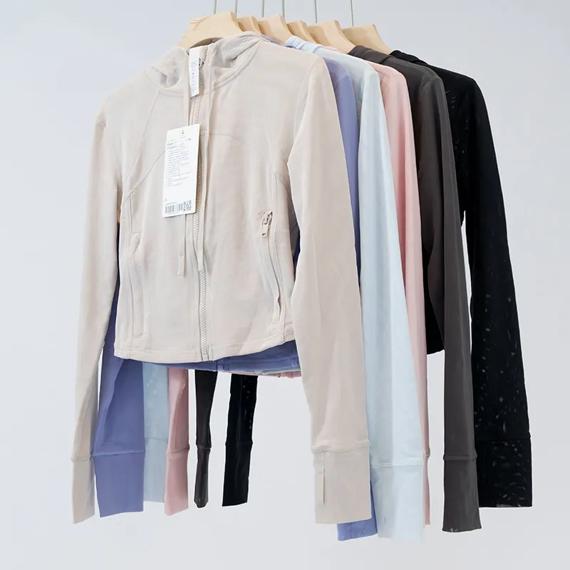 LLL037 Mujeres Stretch chaqueta corta con capucha gimnasia gimnasia de gabardina larga atuendo de cintura atuendo deportivo para