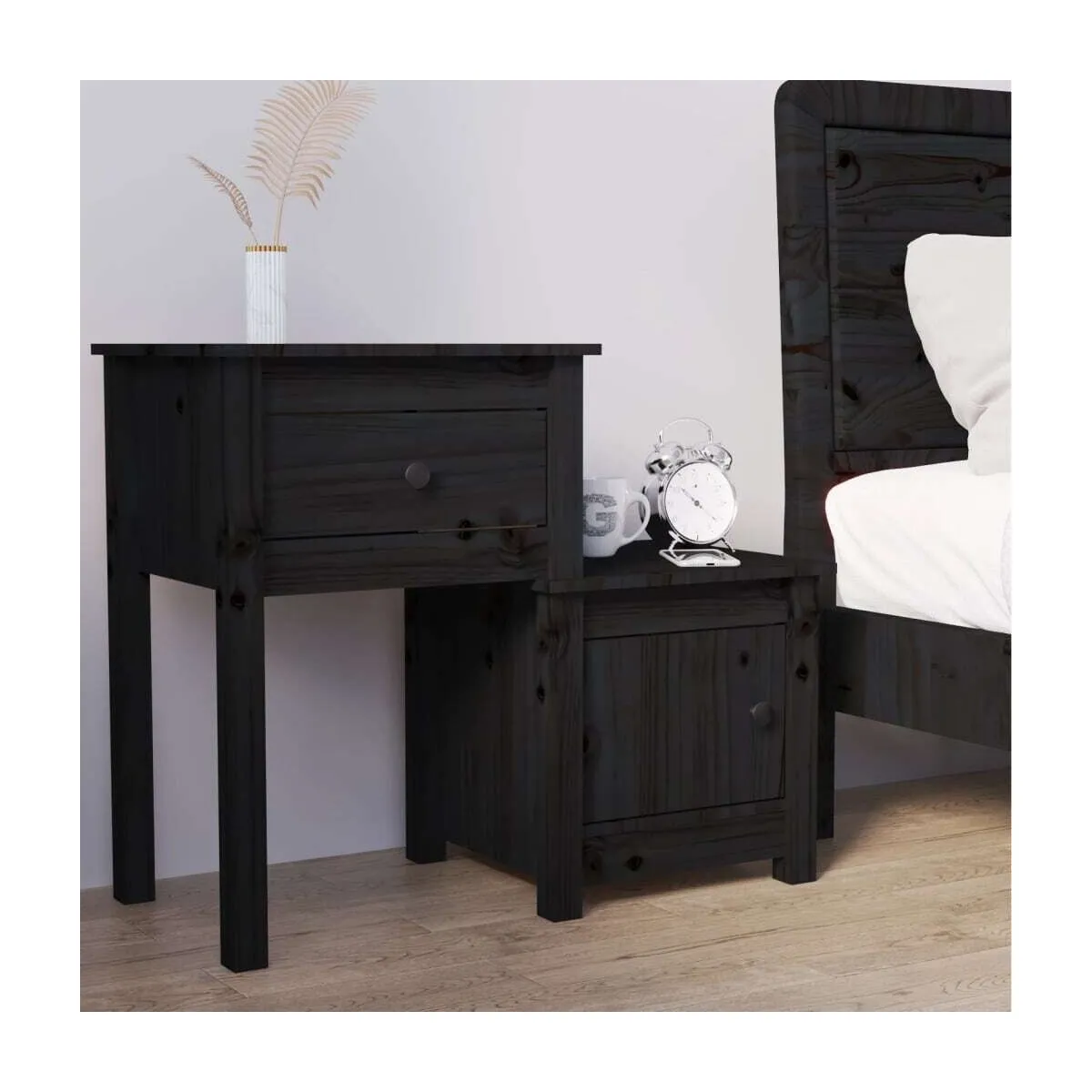 Mesita de noche madera maciza de pino negro 79,5x38x65,5 cm