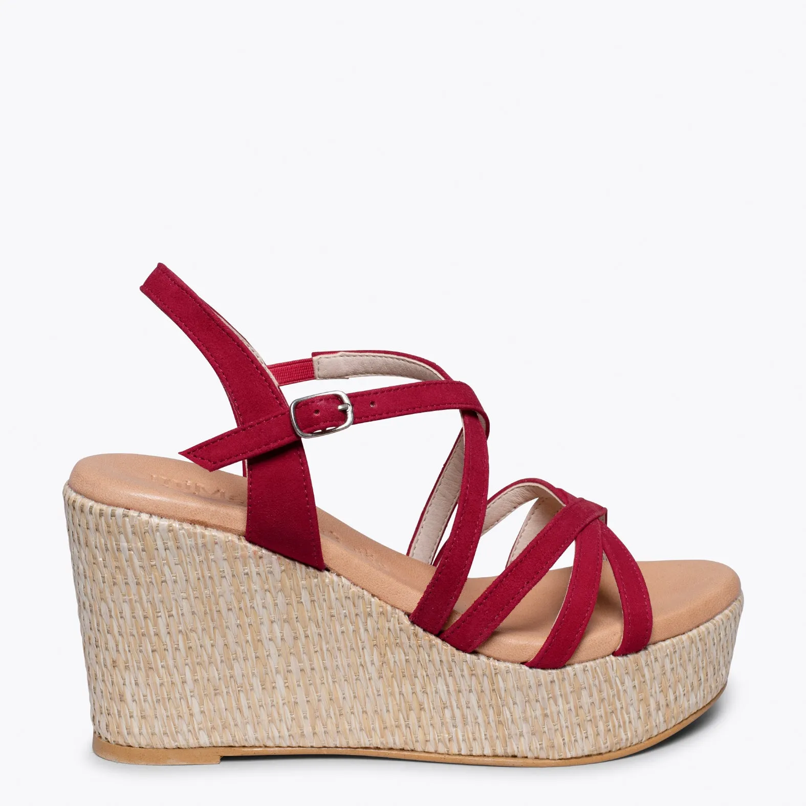 MICONOS Cuña con plataforma de rafia y tiras cruzadas ROJO