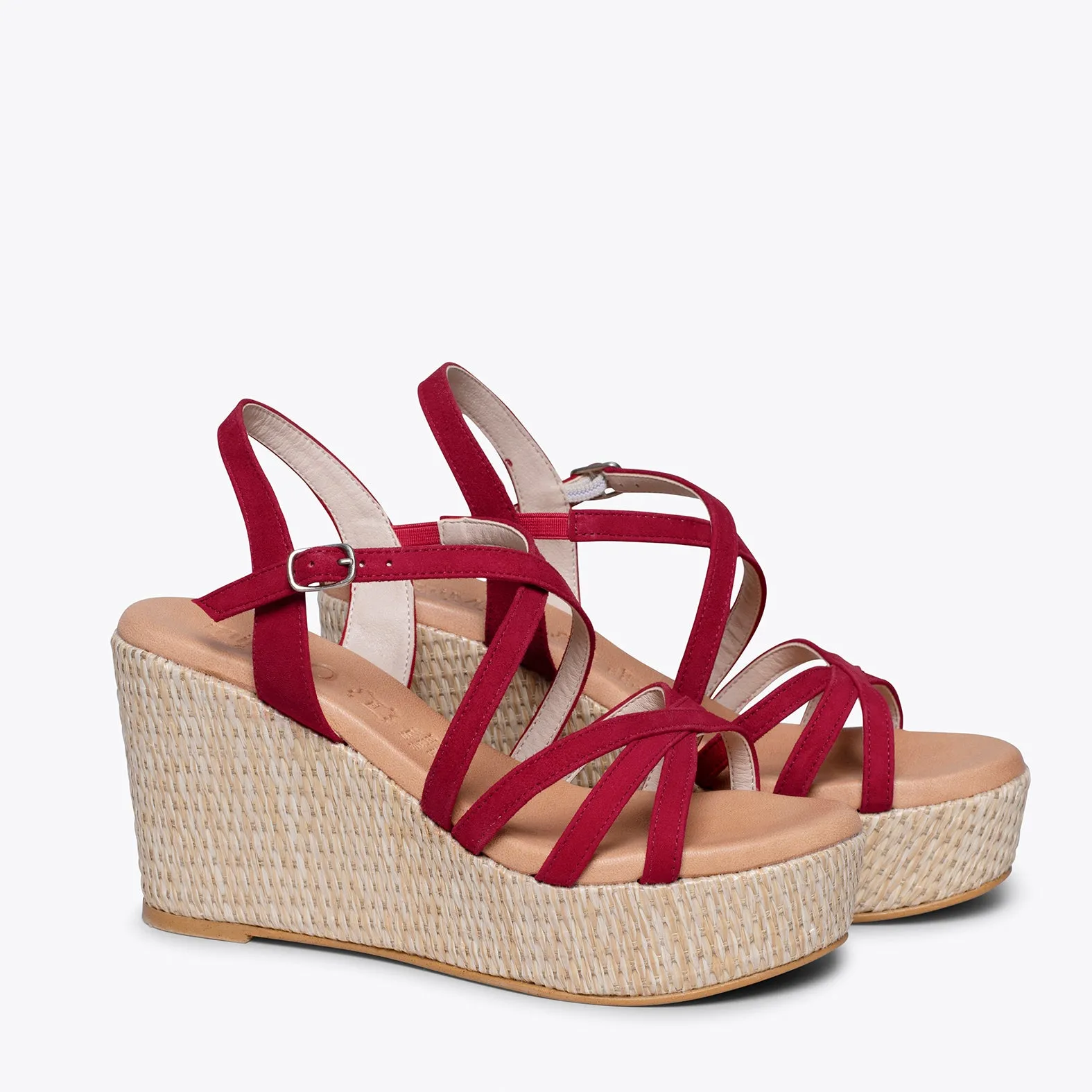MICONOS Cuña con plataforma de rafia y tiras cruzadas ROJO