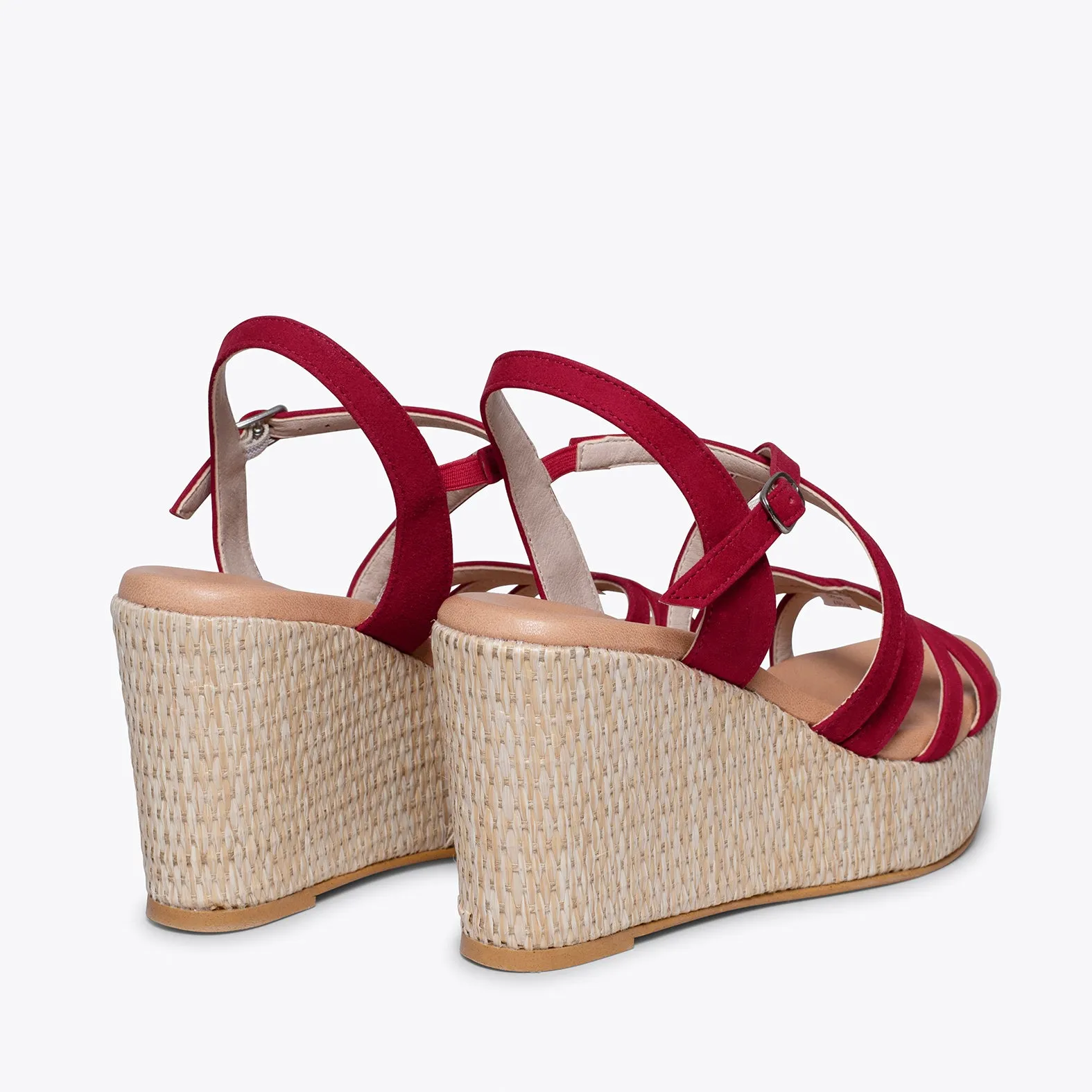 MICONOS Cuña con plataforma de rafia y tiras cruzadas ROJO