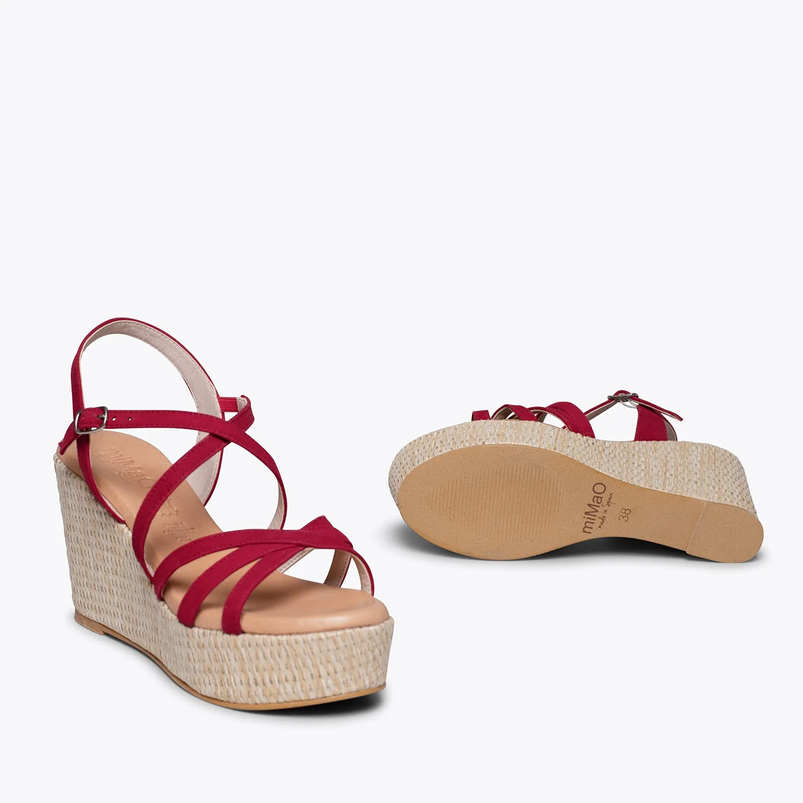 MICONOS Cuña con plataforma de rafia y tiras cruzadas ROJO