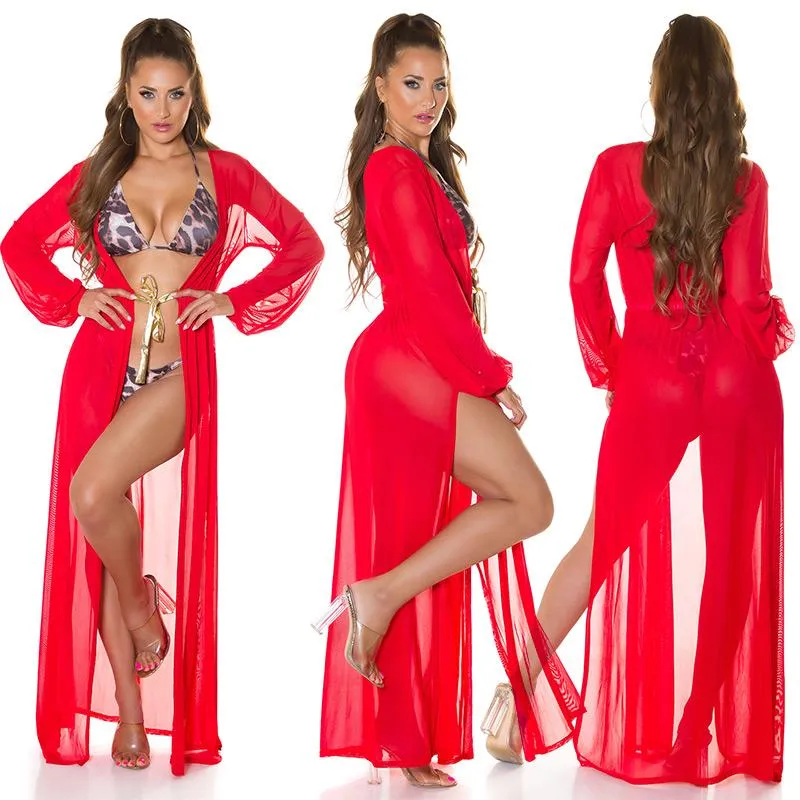 Moda playa Kimono transparente Rojo