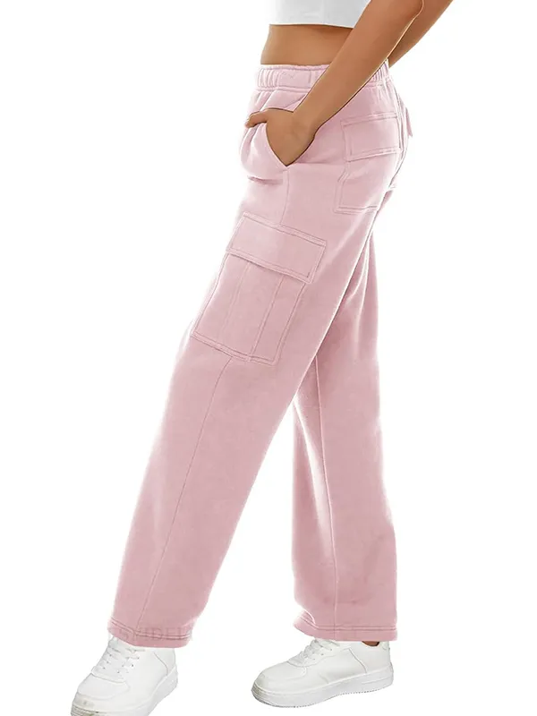 Pantalones Deportivos Lisos Con Múltiples Bolsillos Y Cintura Elástica