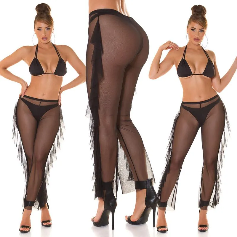 Pantalón de malla con volantes negro