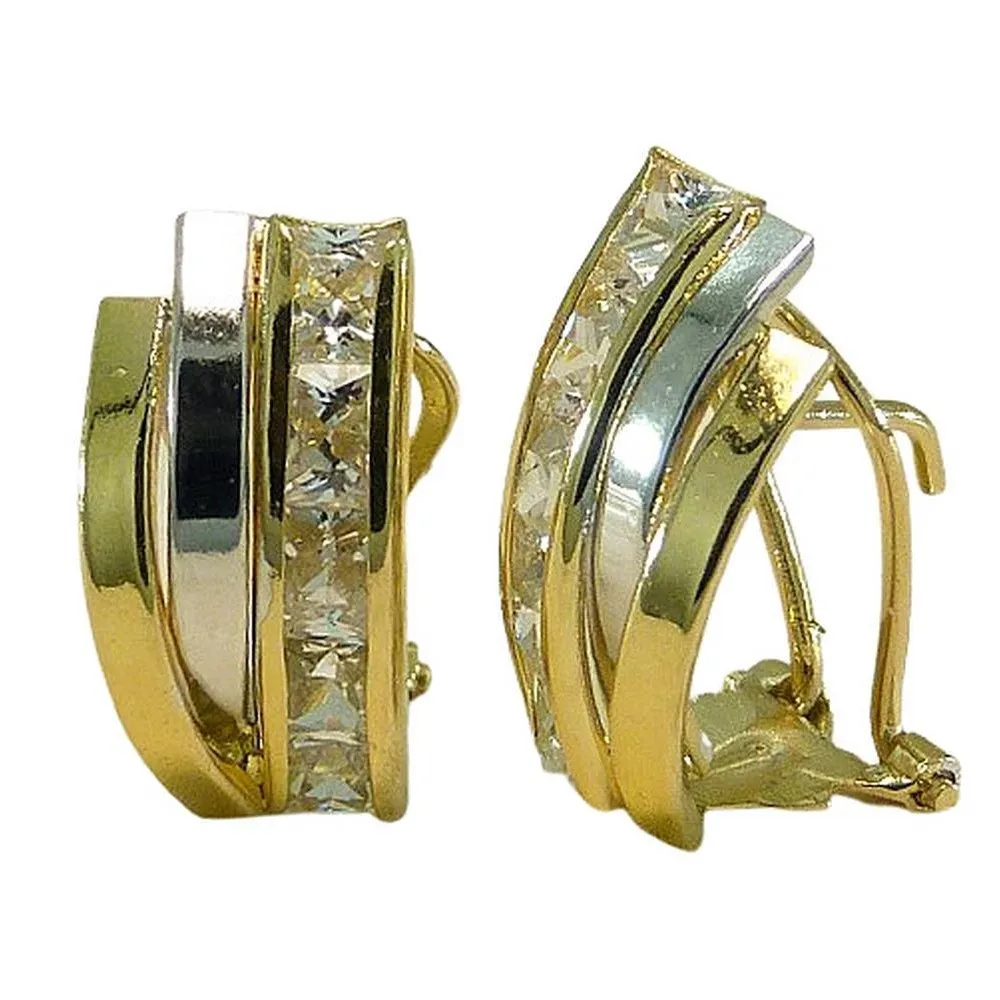 Pendientes de oro 18k bicolor con circonitas y cierre omega