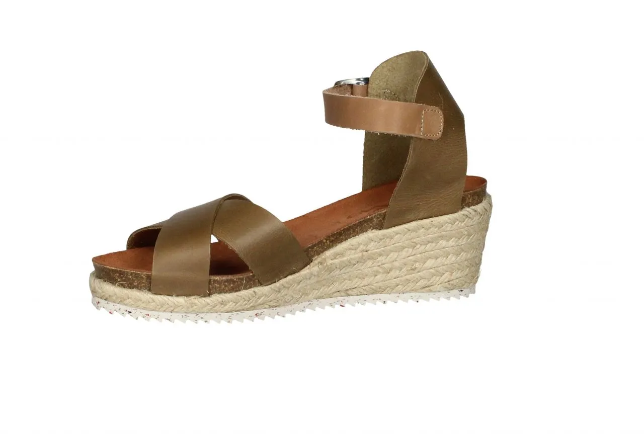 Sandalia Piel Kaki Pala Tiras Cruzadas CuÑa Esparto