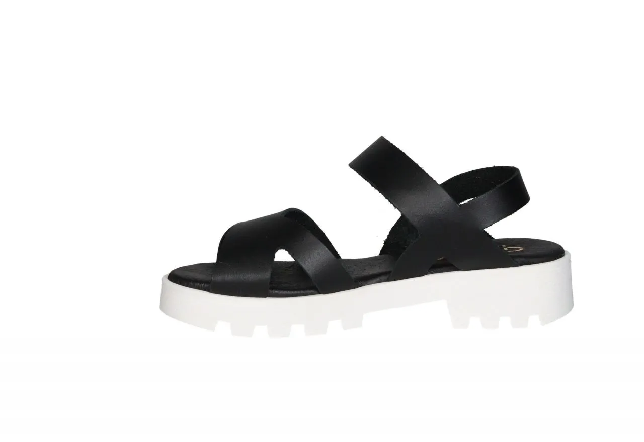 Sandalia Piel Negro Pala Tiras Cruzadas Piso Grueso Blanco