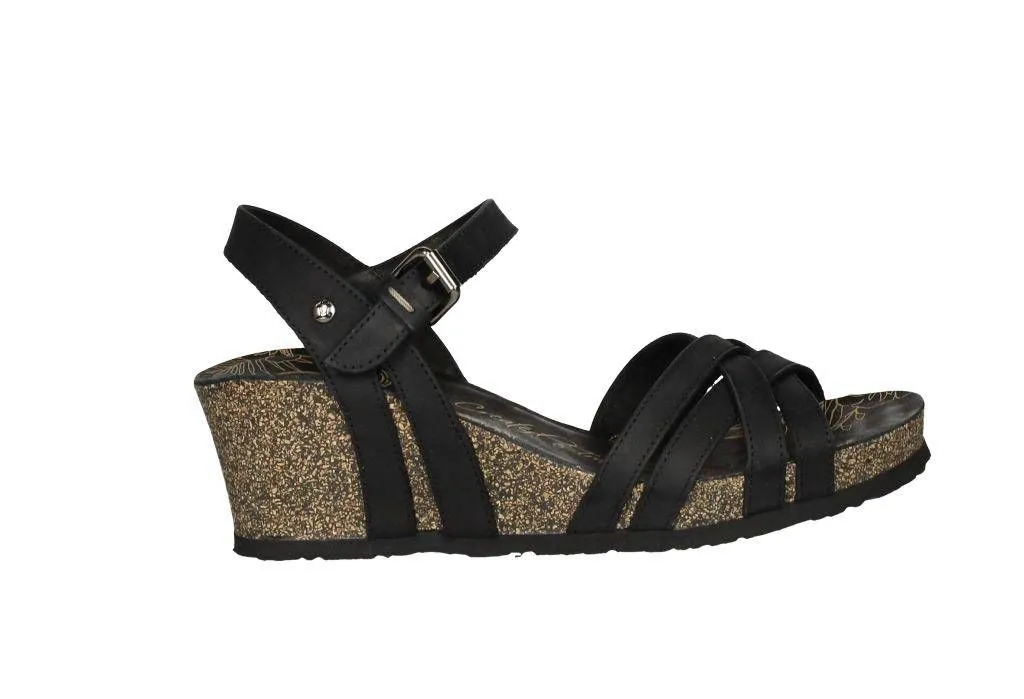 Sandalia Piel Negro Tiras Cruzadas Cuña Corcho