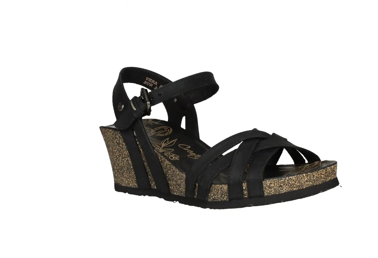 Sandalia Piel Negro Tiras Cruzadas Cuña Corcho