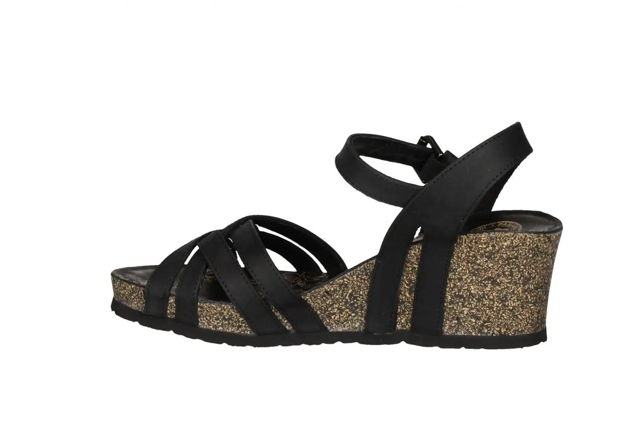 Sandalia Piel Negro Tiras Cruzadas Cuña Corcho