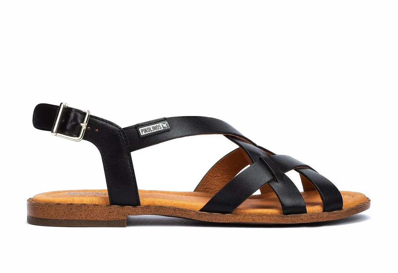 Sandalia Piel Negro Tiras Cruzadas Hebilla Piso Goma