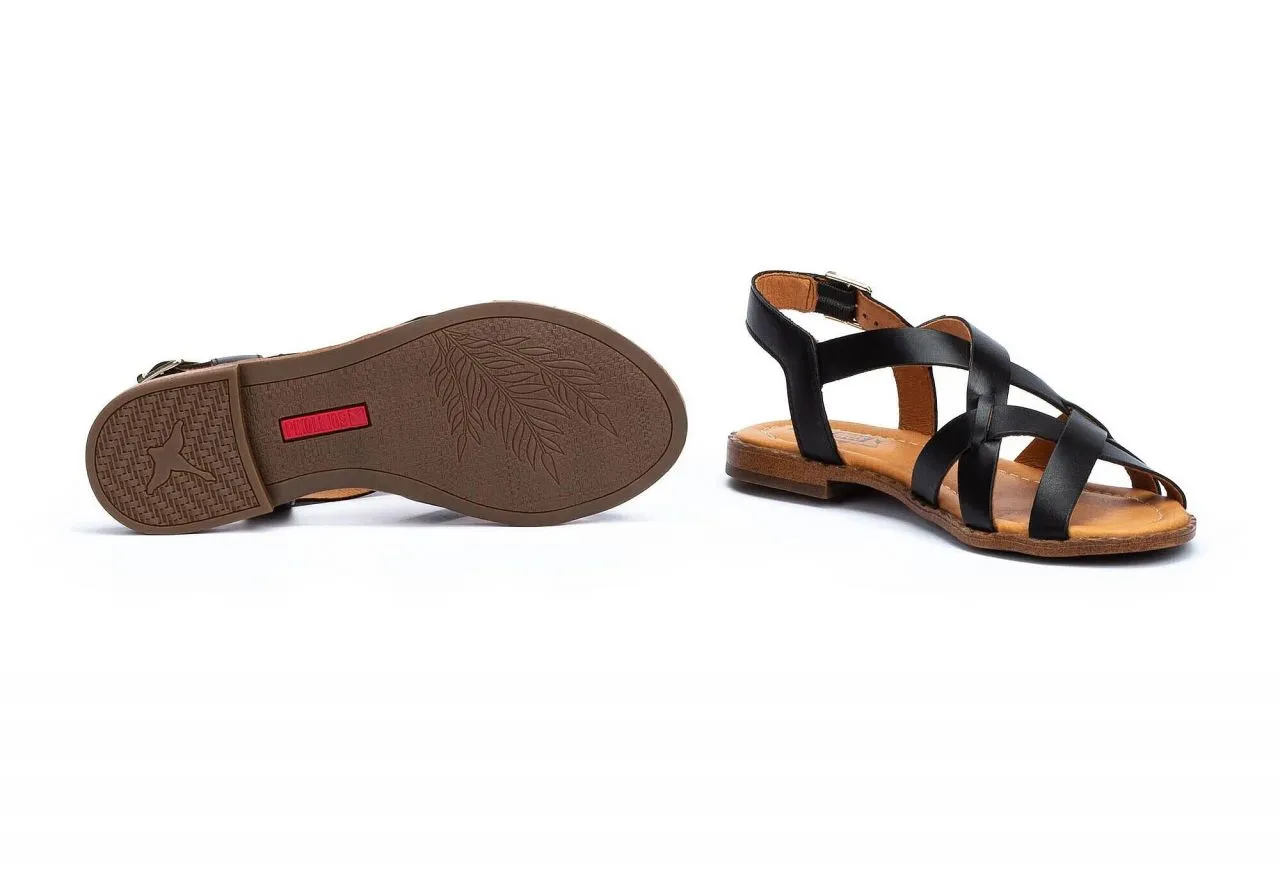 Sandalia Piel Negro Tiras Cruzadas Hebilla Piso Goma