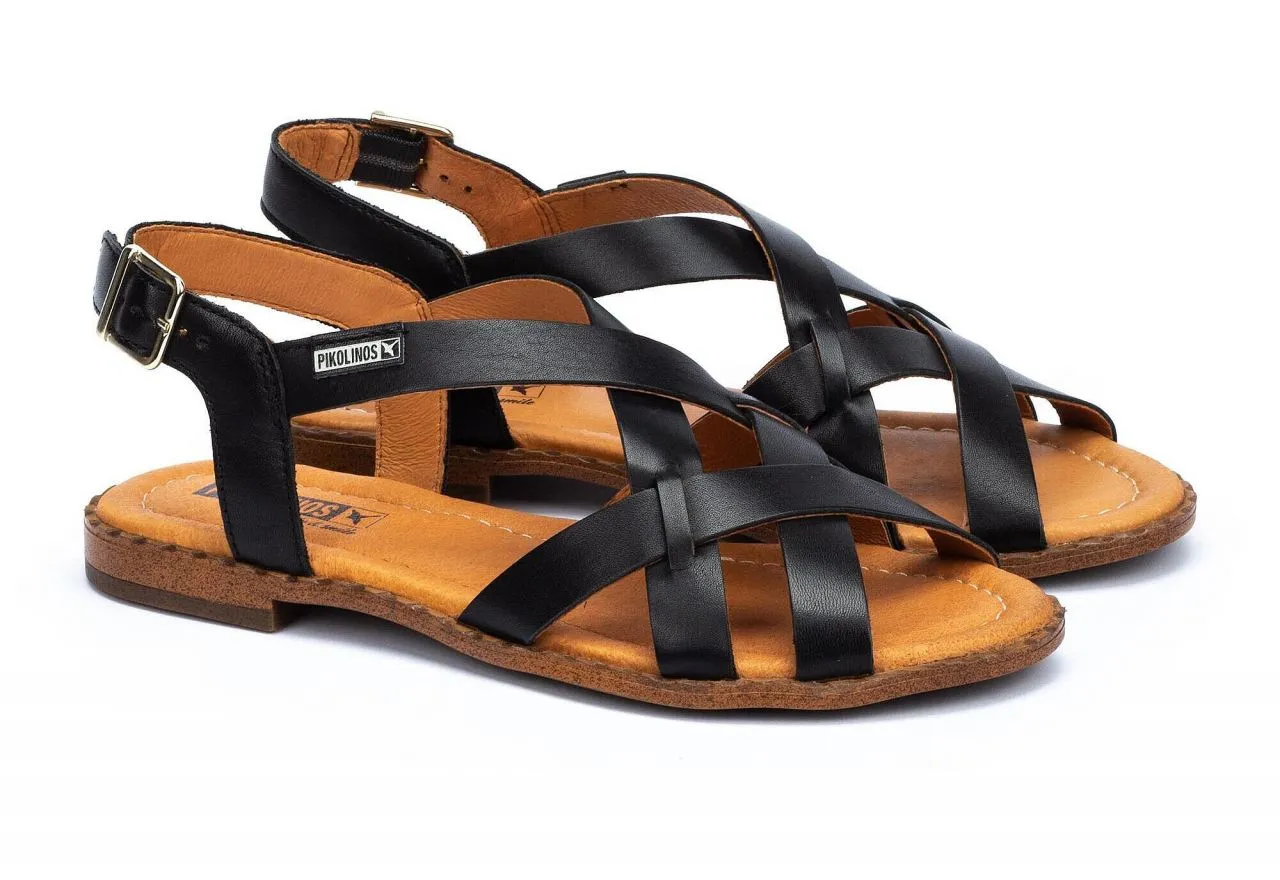 Sandalia Piel Negro Tiras Cruzadas Hebilla Piso Goma