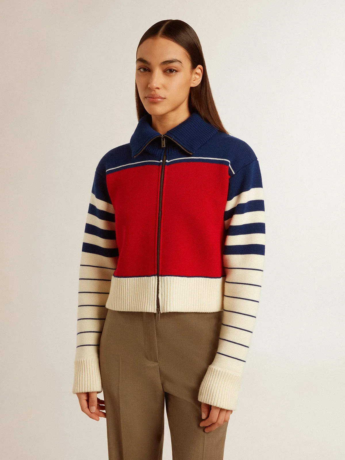 Sudadera cropped de mujer de lana a rayas multicolor