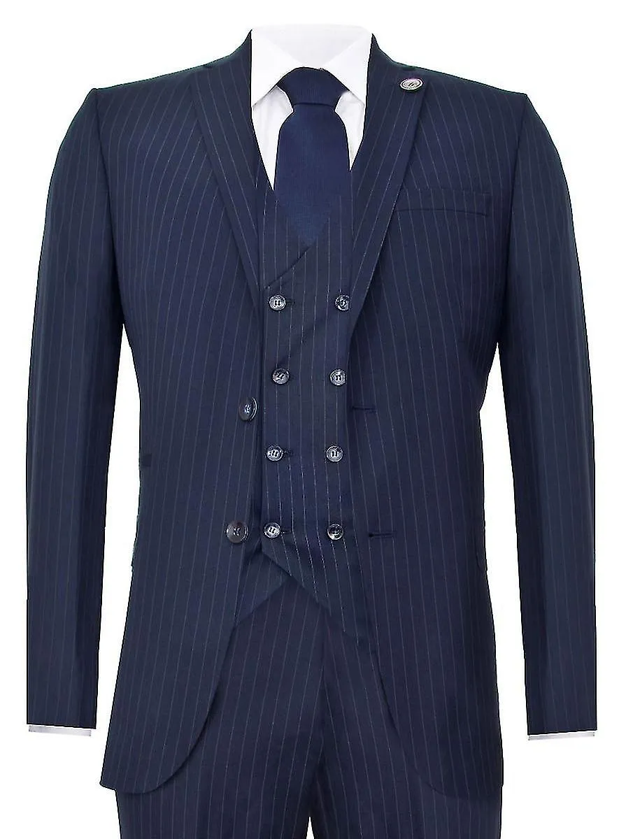 Traje retro de rayas azul marino de 3 piezas para hombres