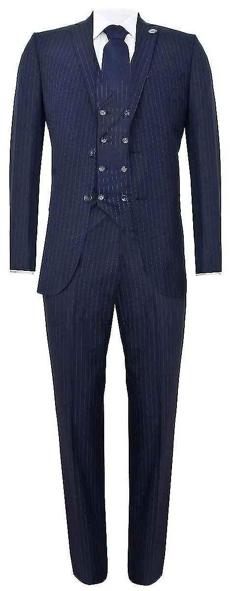 Traje retro de rayas azul marino de 3 piezas para hombres