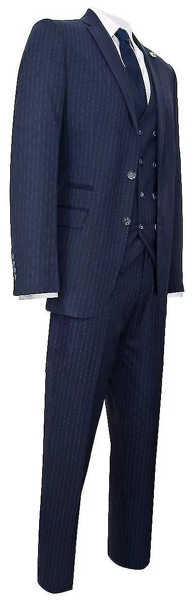 Traje retro de rayas azul marino de 3 piezas para hombres