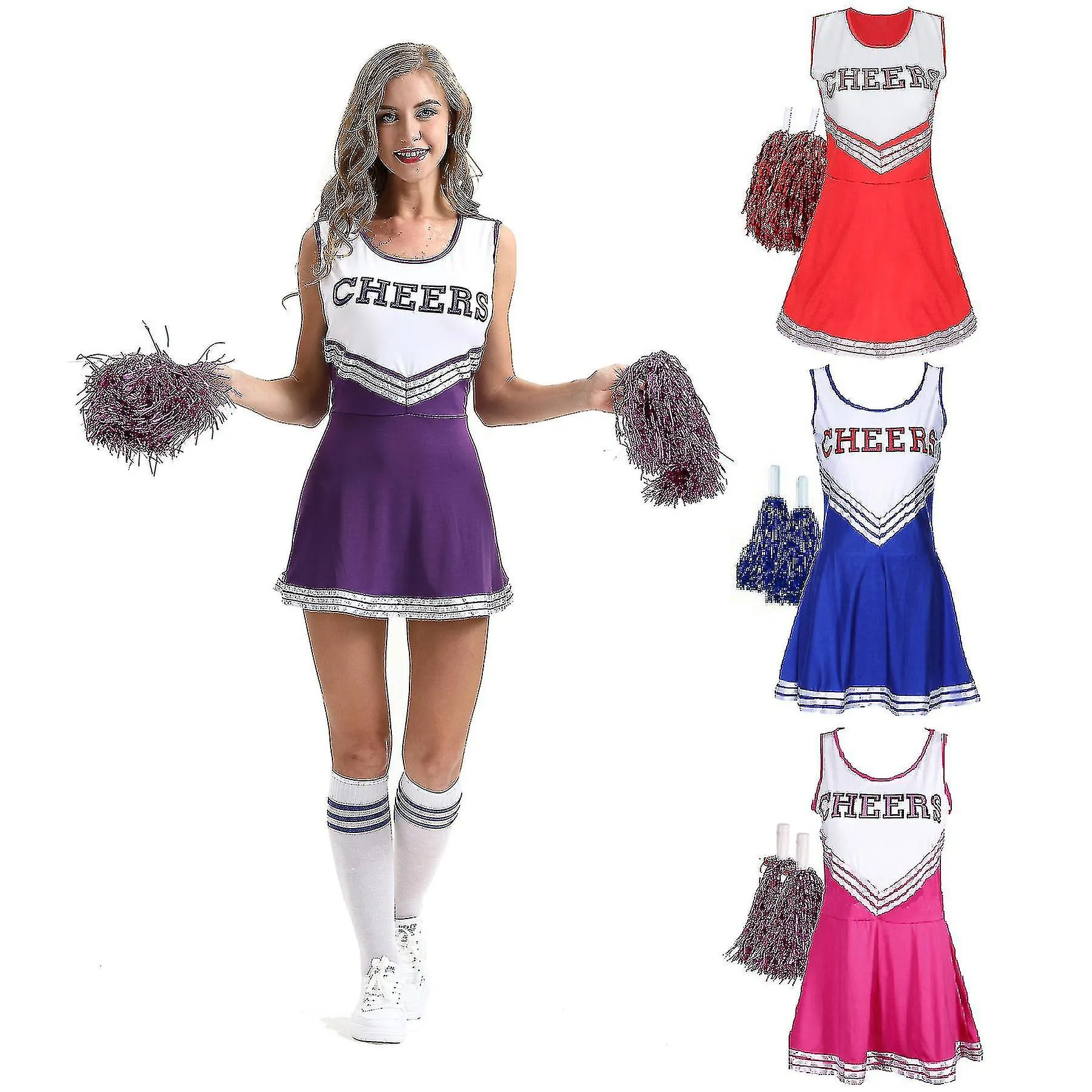 Uniformes de porristas para mujeres Traje de porrista adulta con pompones para juegos deportivos de fiesta de disfraces