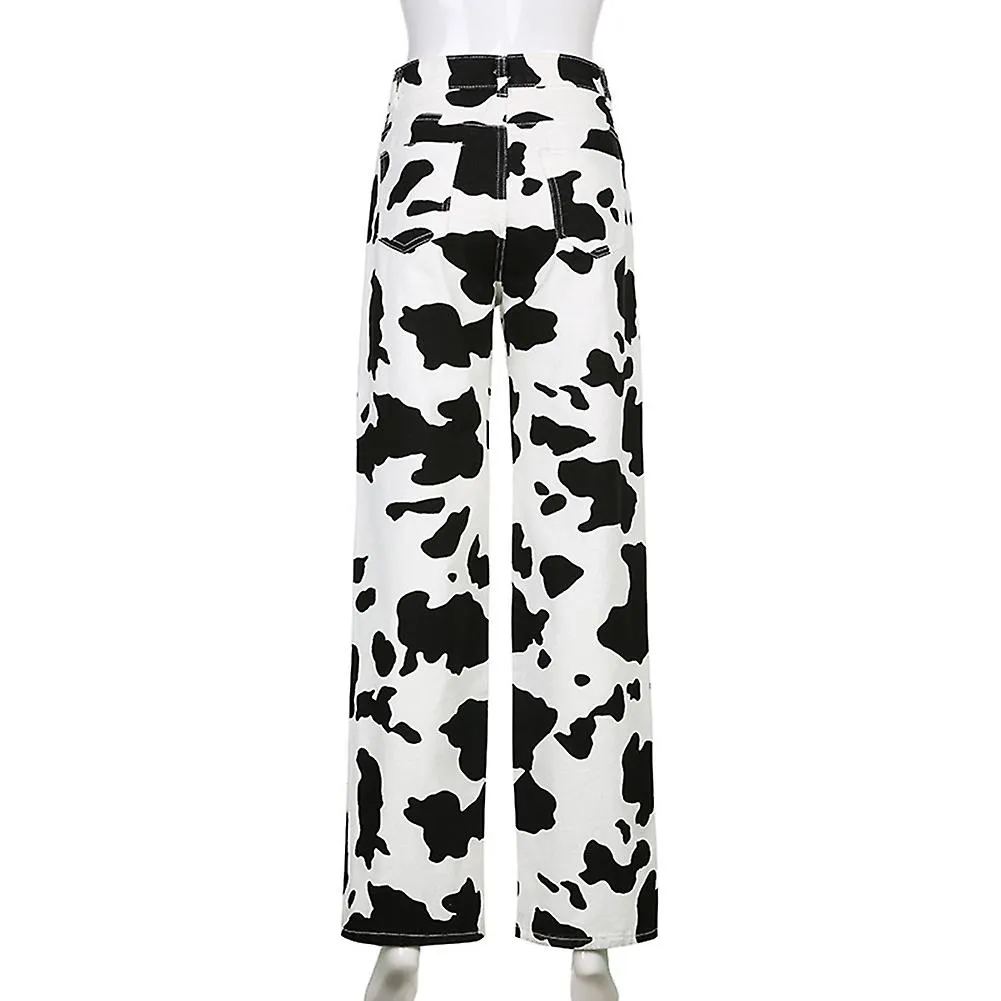 Vaqueros de mujer de cintura alta con estampado de vaca sueltos rectos primavera/verano