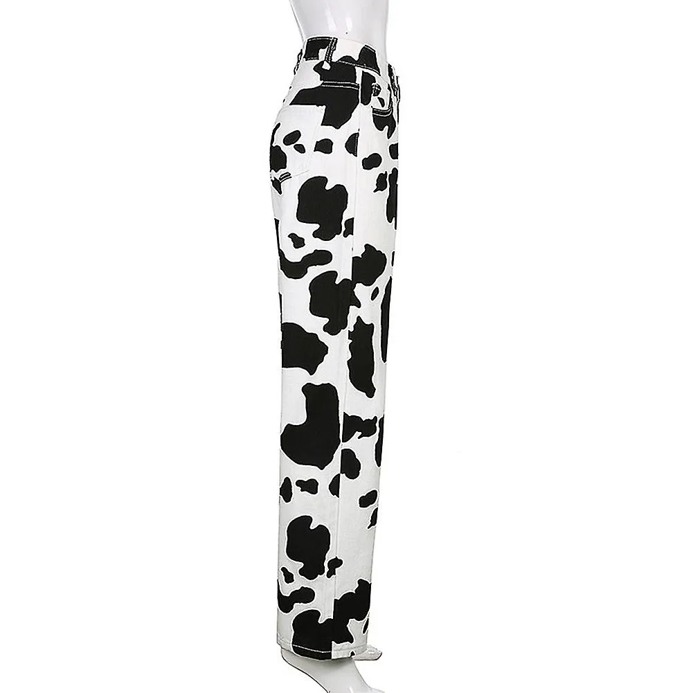 Vaqueros de mujer de cintura alta con estampado de vaca sueltos rectos primavera/verano