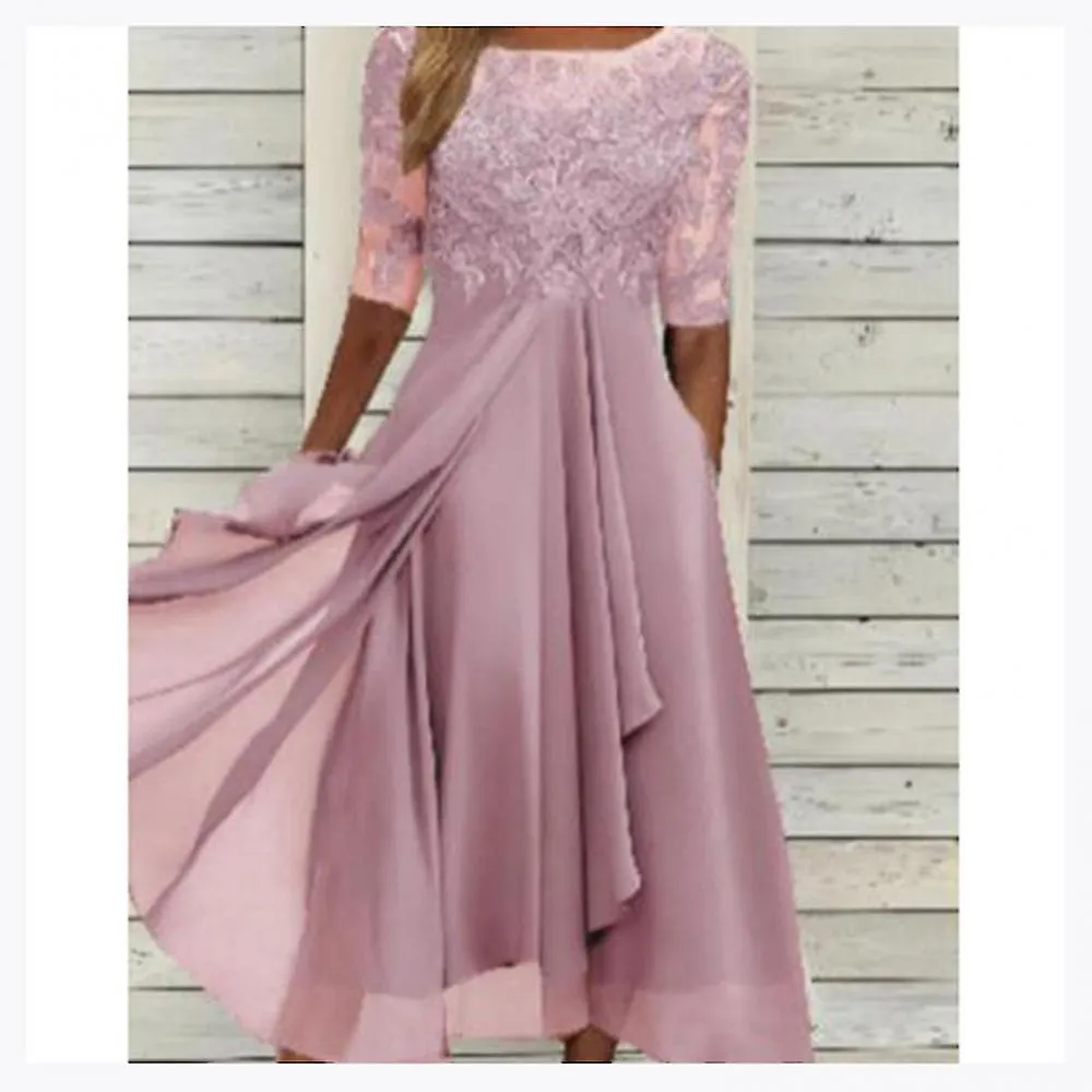 Vestido de apliques de encaje Midi Vestidos de noche de manga corta Vestido casual de todos los partidos para la boda LQI