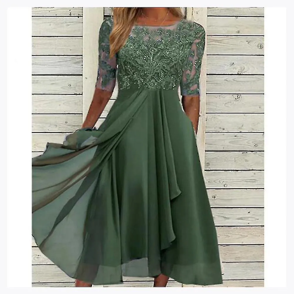 Vestido de apliques de encaje Midi Vestidos de noche de manga corta Vestido casual de todos los partidos para la boda LQI